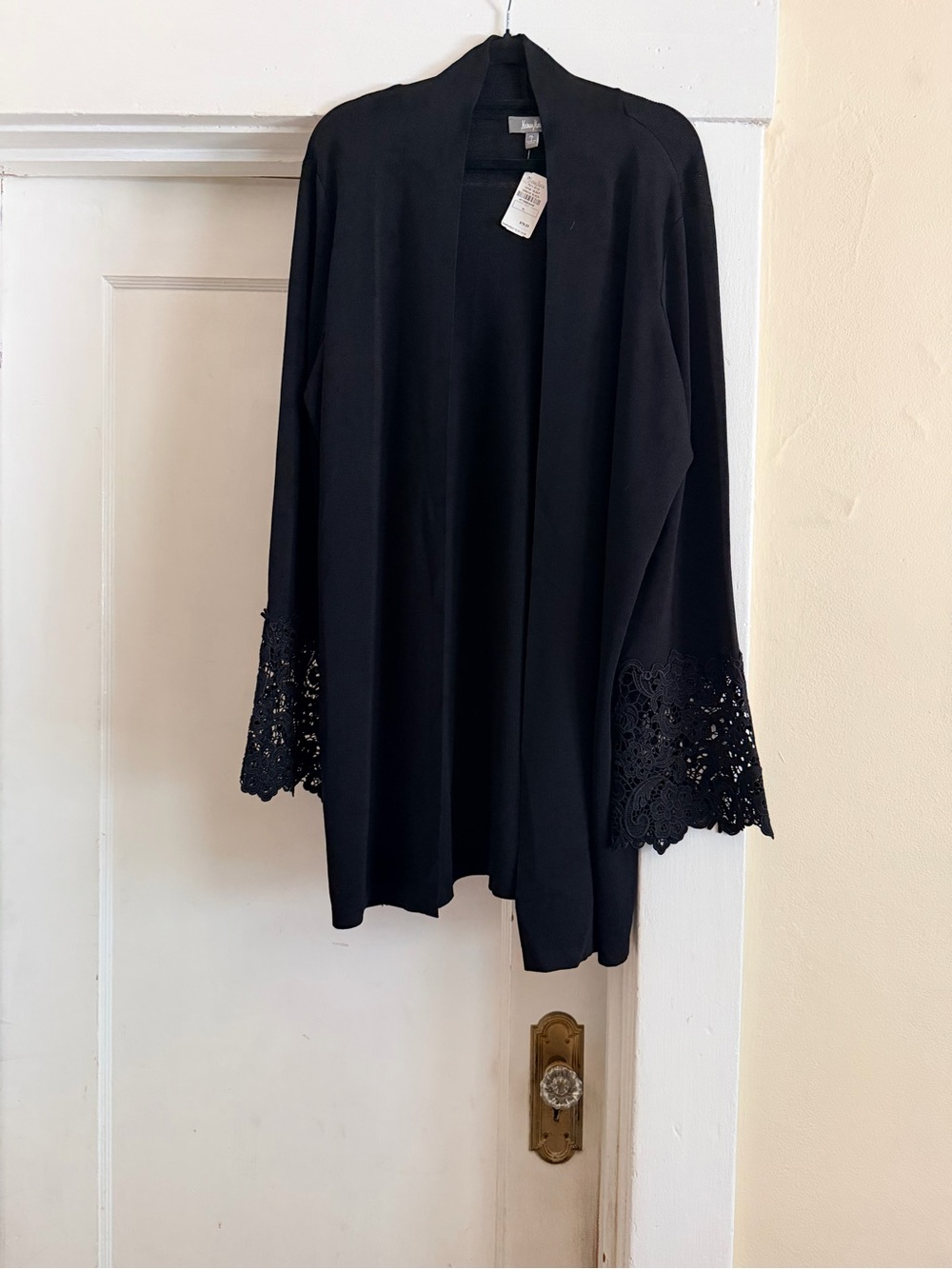 Neiman Marcus Black Lace-Sleeve Open Front Cardigan
